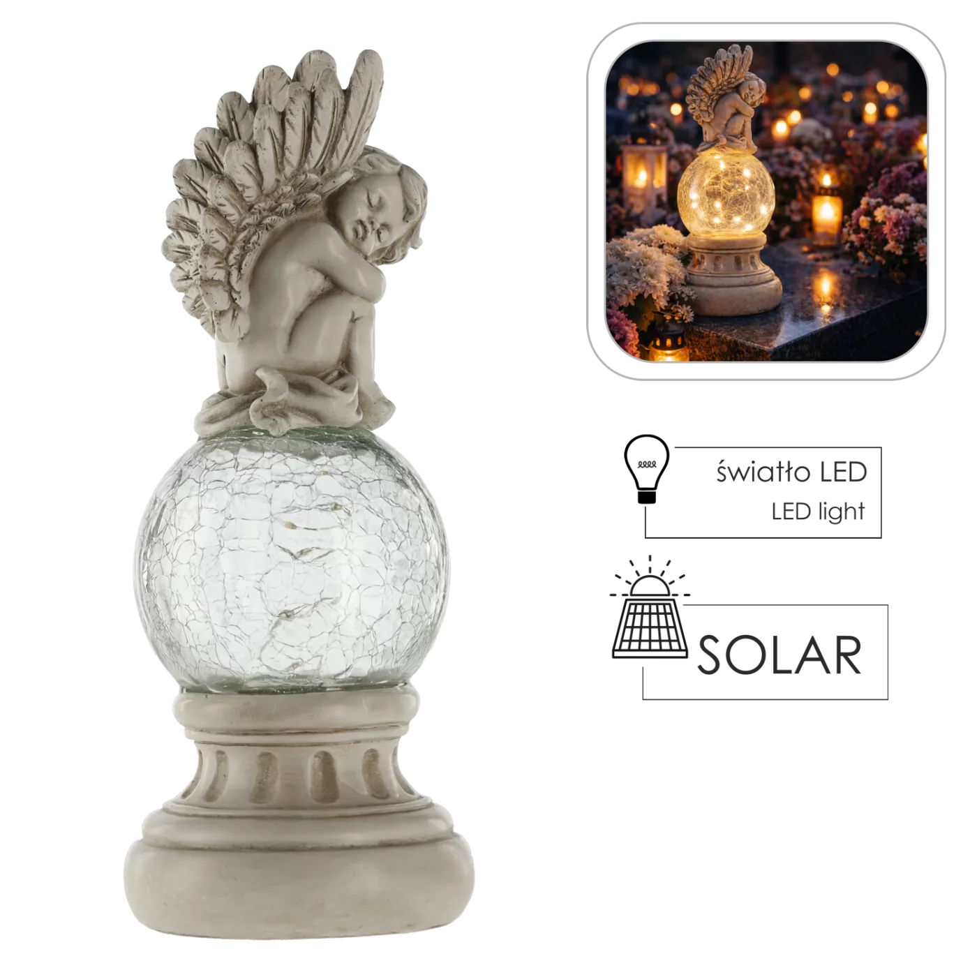 Figurka anděla na kouli s LED efektem prasklého skla 13 x 13 x 33,5 cm