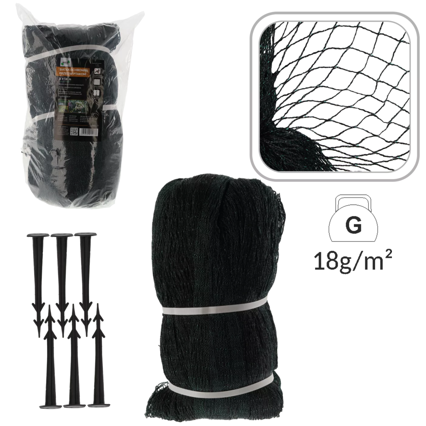 OCHRANNÁ SITĚ PROTI PTÁKŮM 8x14m (18g/m2) + 16 PLASTOVÝCH HROTŮ *5177