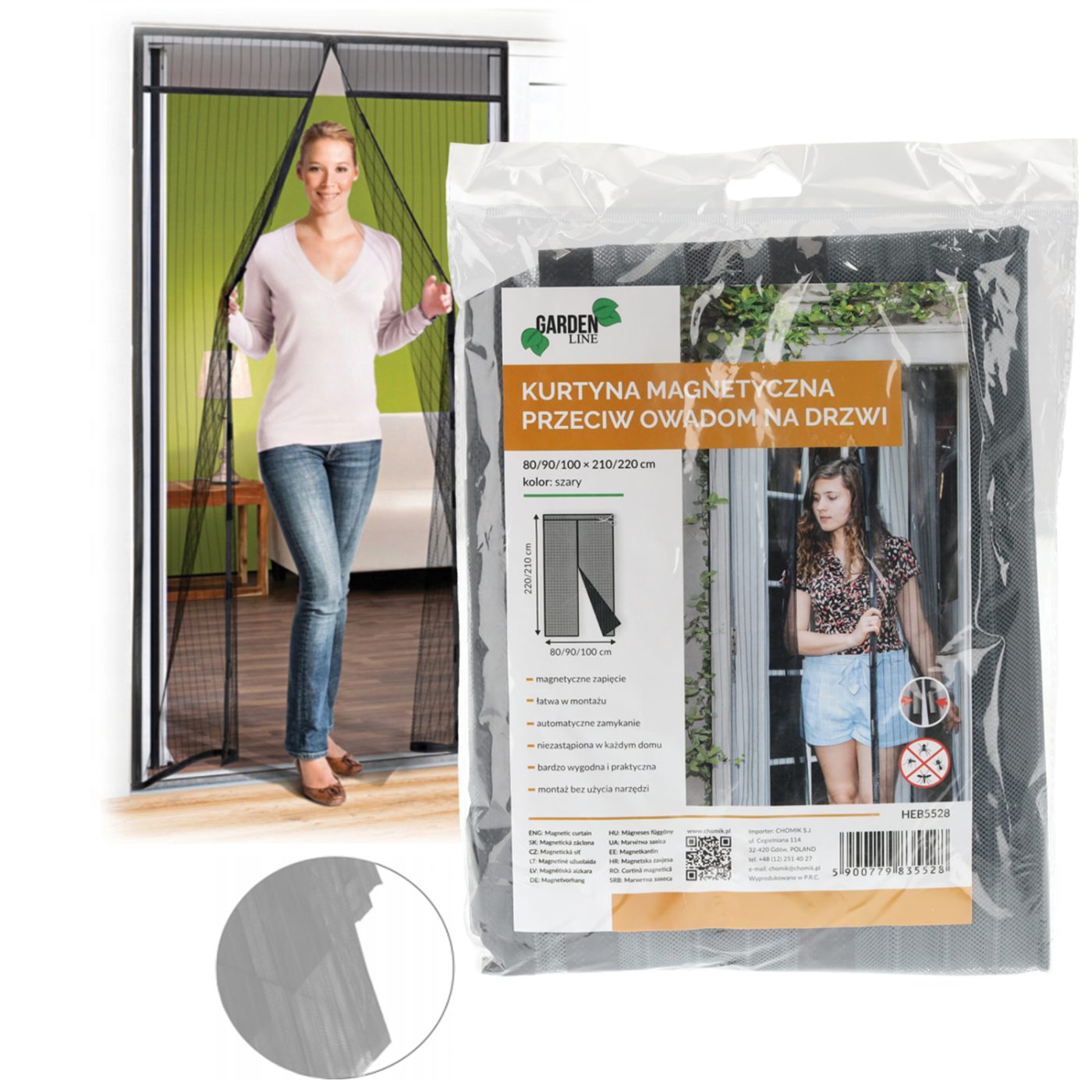 Magnetická síť proti hmyzu na dveře 80/90/100 x 210/220 cm šedá