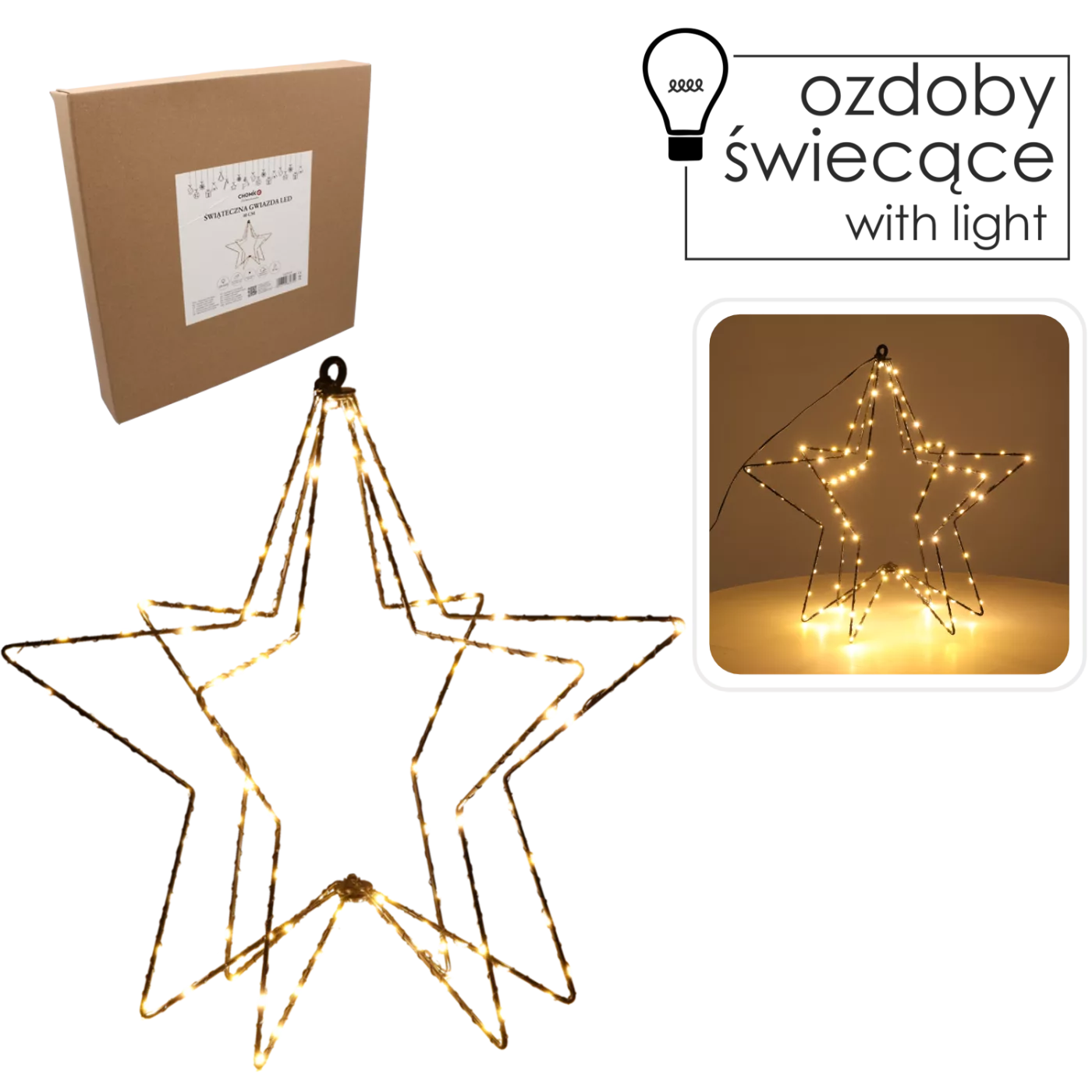 Vánoční ozdoba – hvězda LED 40 cm, 120 diod, teplá bílá, na baterie