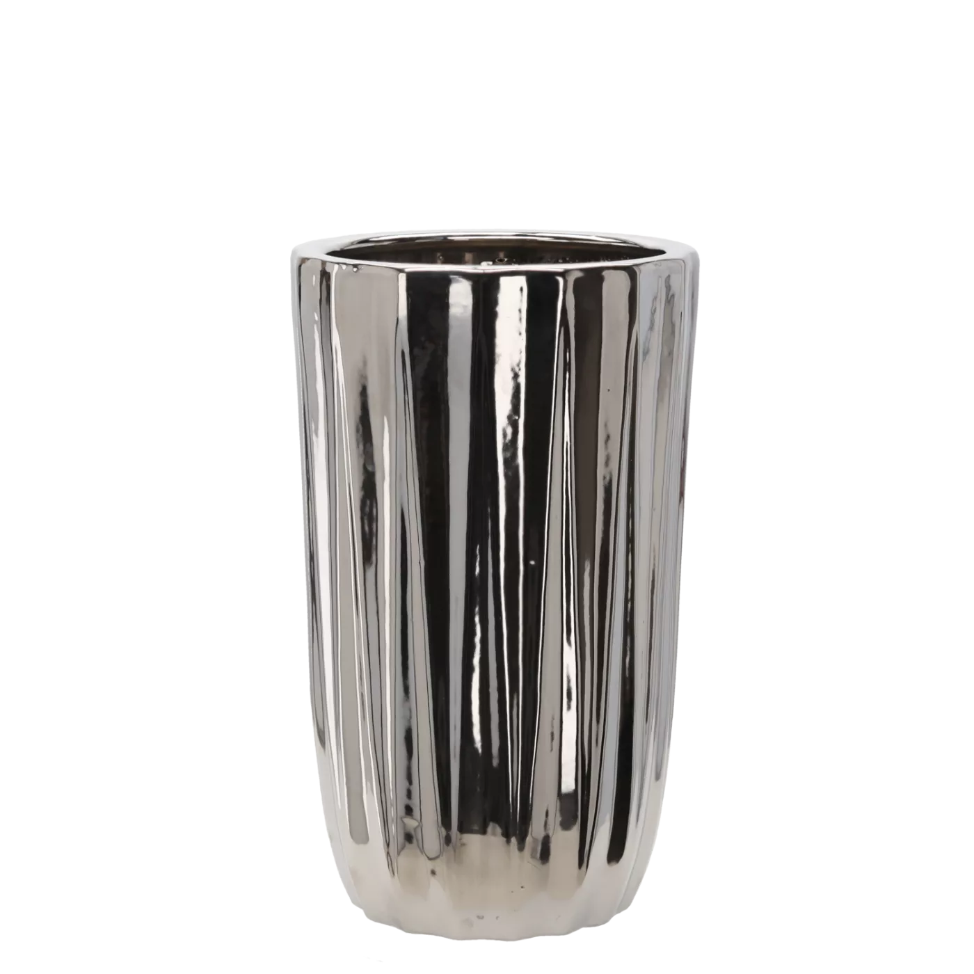 Keramický obal na květináč 24,5 x 24,5 x 41,5 cm stříbrný se žebrováním
