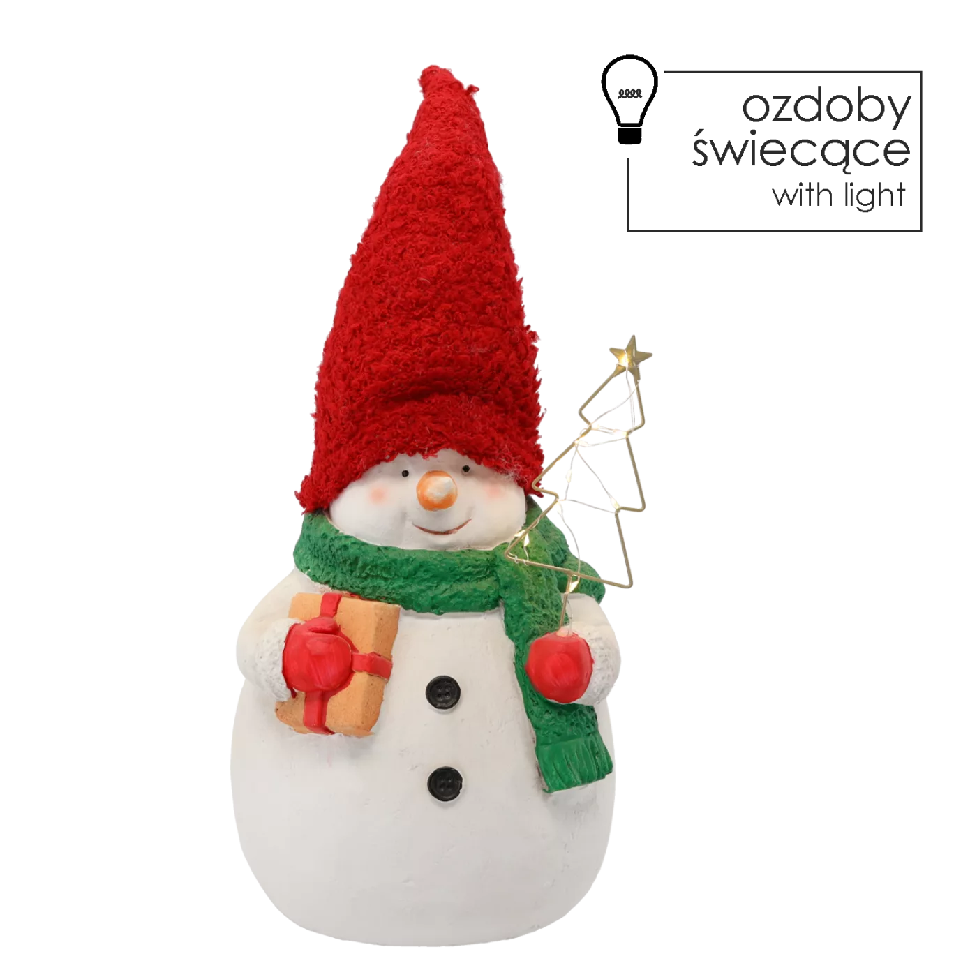 Figurka vánočního sněhuláka se červenou čepicí a LED osvětlením 23 x 20,5 x 32/37 cm