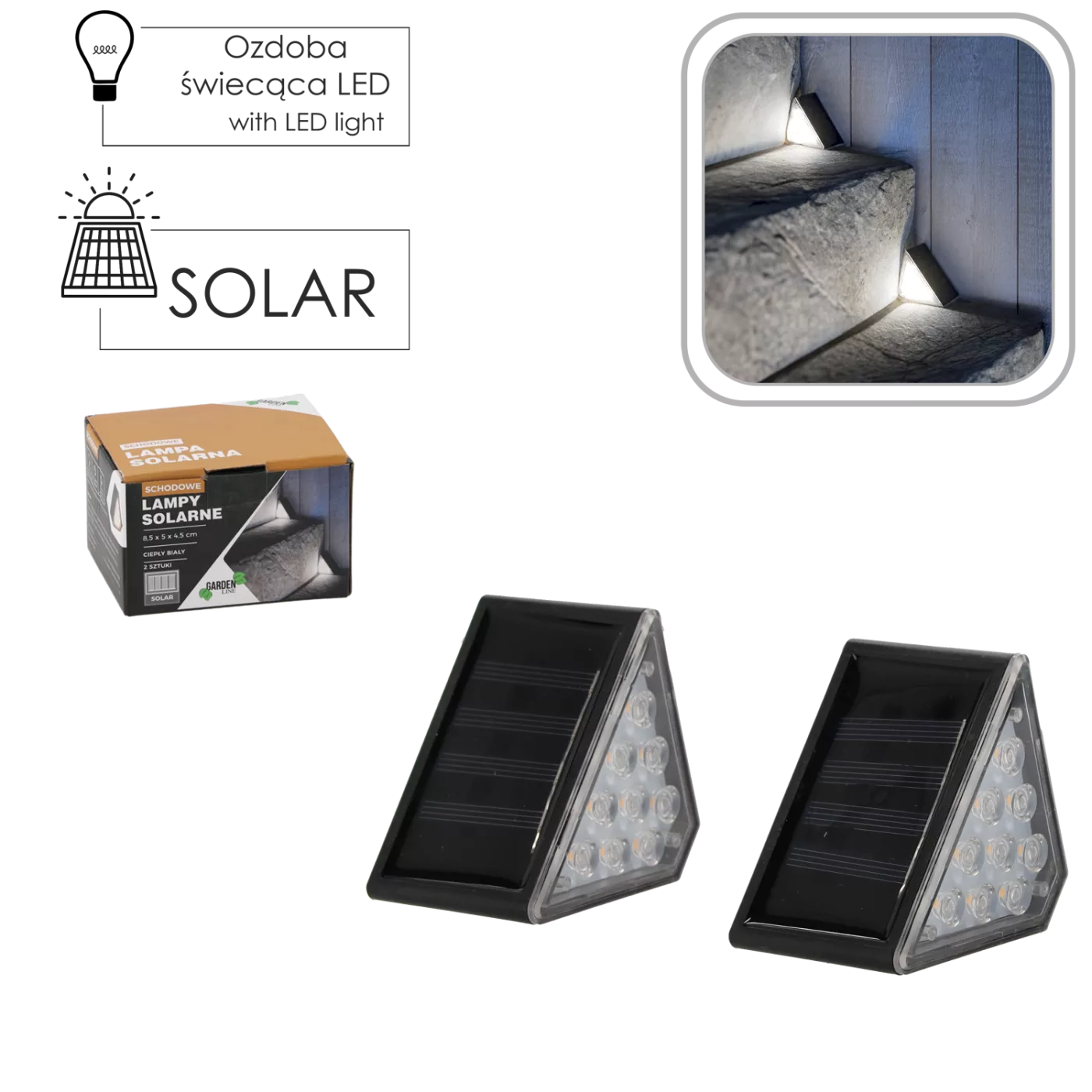SADA 2 SOLÁRNÍCH SCHODOVÝCH LAMP 8,5 x 5 x 4,5 CM 9 LED TEPLÁ BÍLÁ
