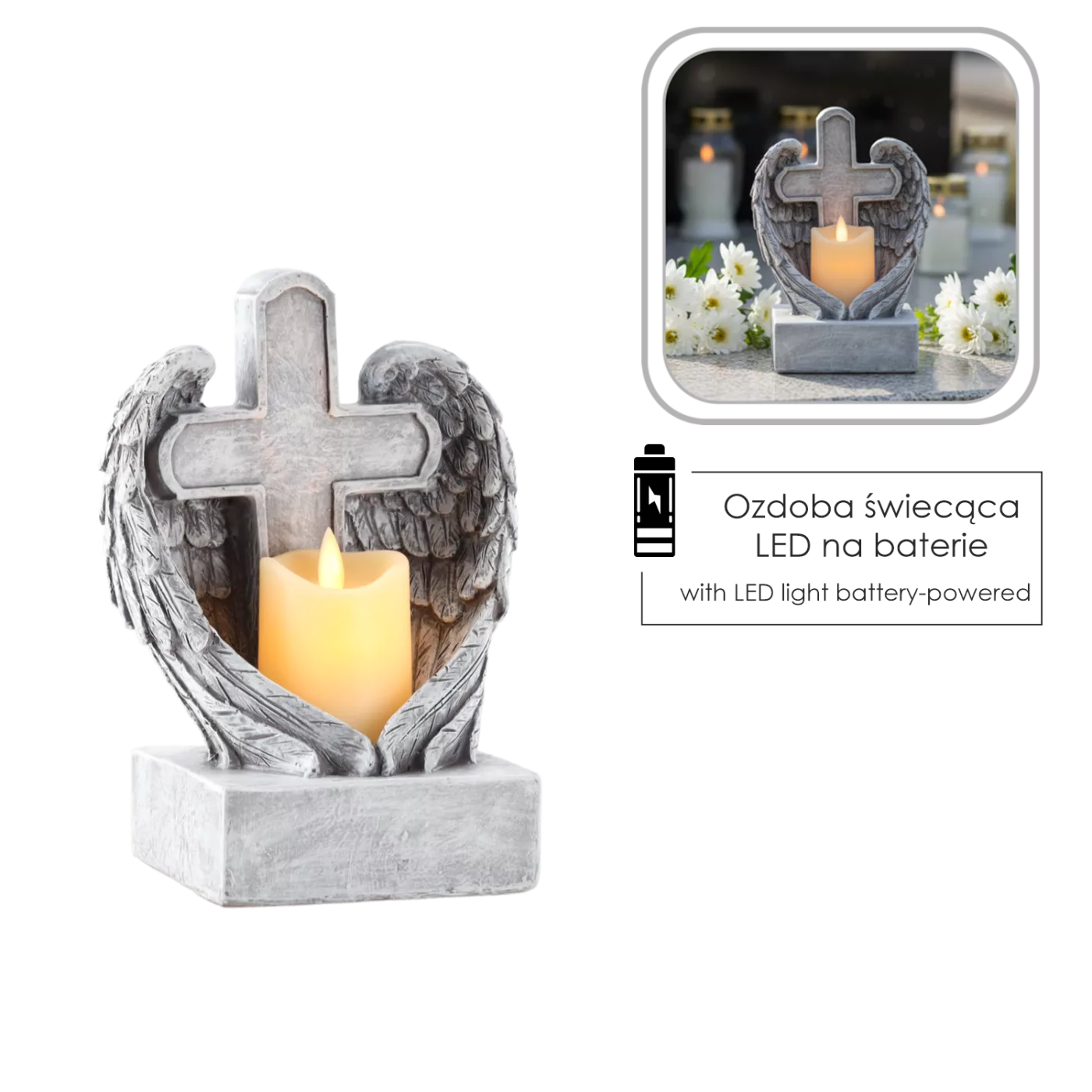 Figurka kříž s křídly a LED svíčkou 14,5 x 12 x 19,5 cm
