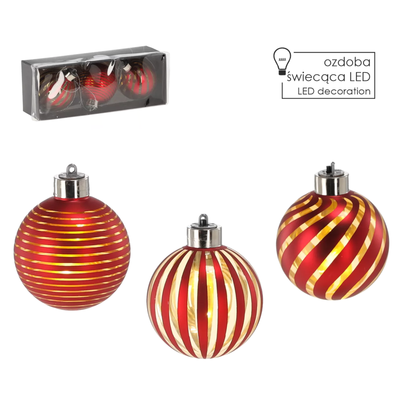 Sada 3 skleněných ozdob červených 8 cm se zlatými pruhy a LED