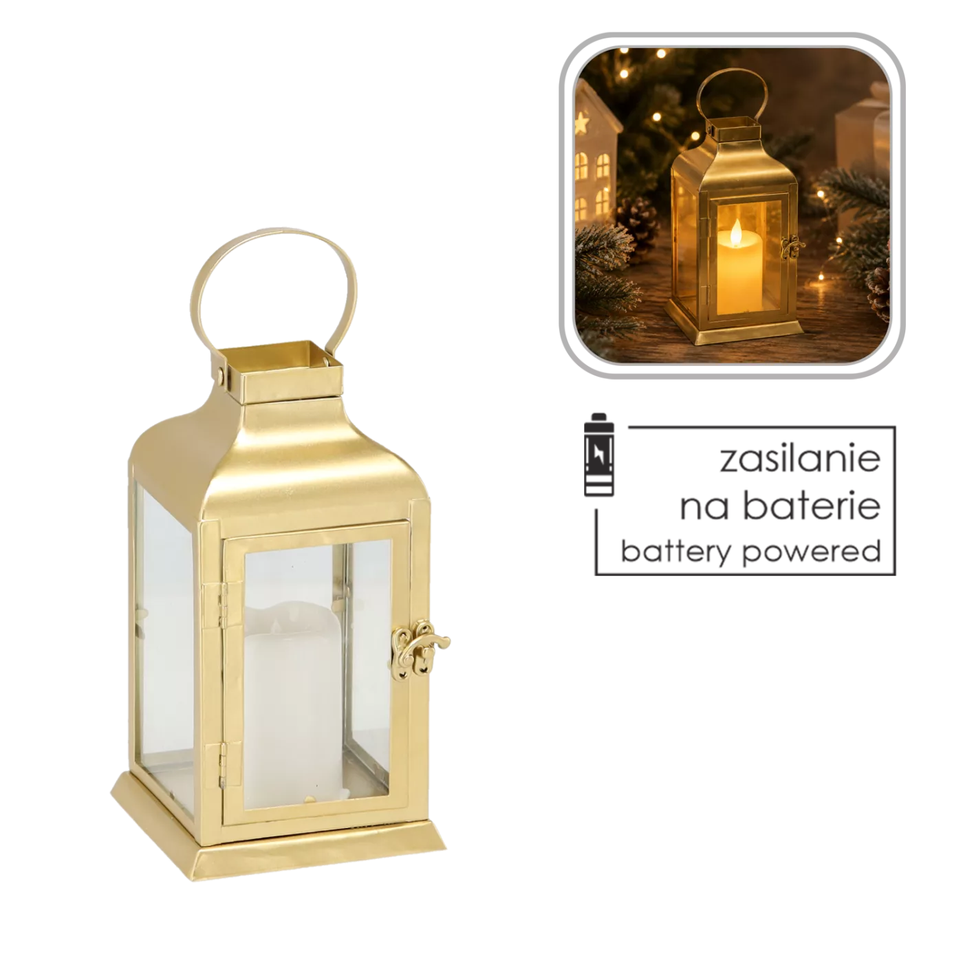 Lampion kovový zlatý s LED svíčkou 11 x 11 x 22 cm