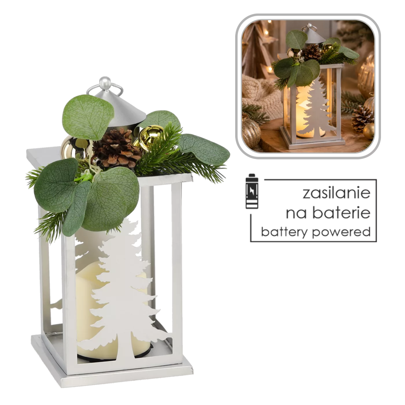 Vánoční lampion LED kovový stříbrný se zdobením 12,5 x 12,5 x 30,5 cm