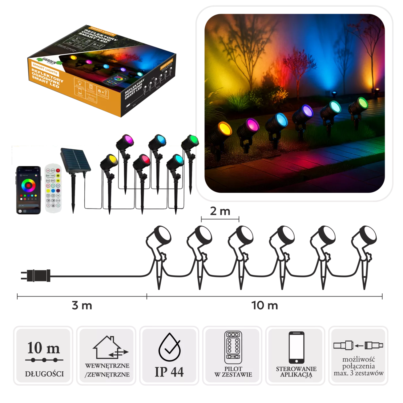 Zahradní reflektory Smart LED 6 ks vícebarevné, 3 + 10 m, vnitřní/venkovní