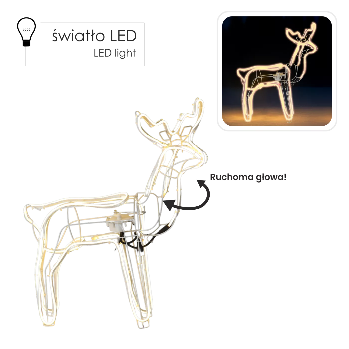 Vánoční sob s pohyblivou hlavou neon LED 64 × 22 × 70 cm teplá bílá