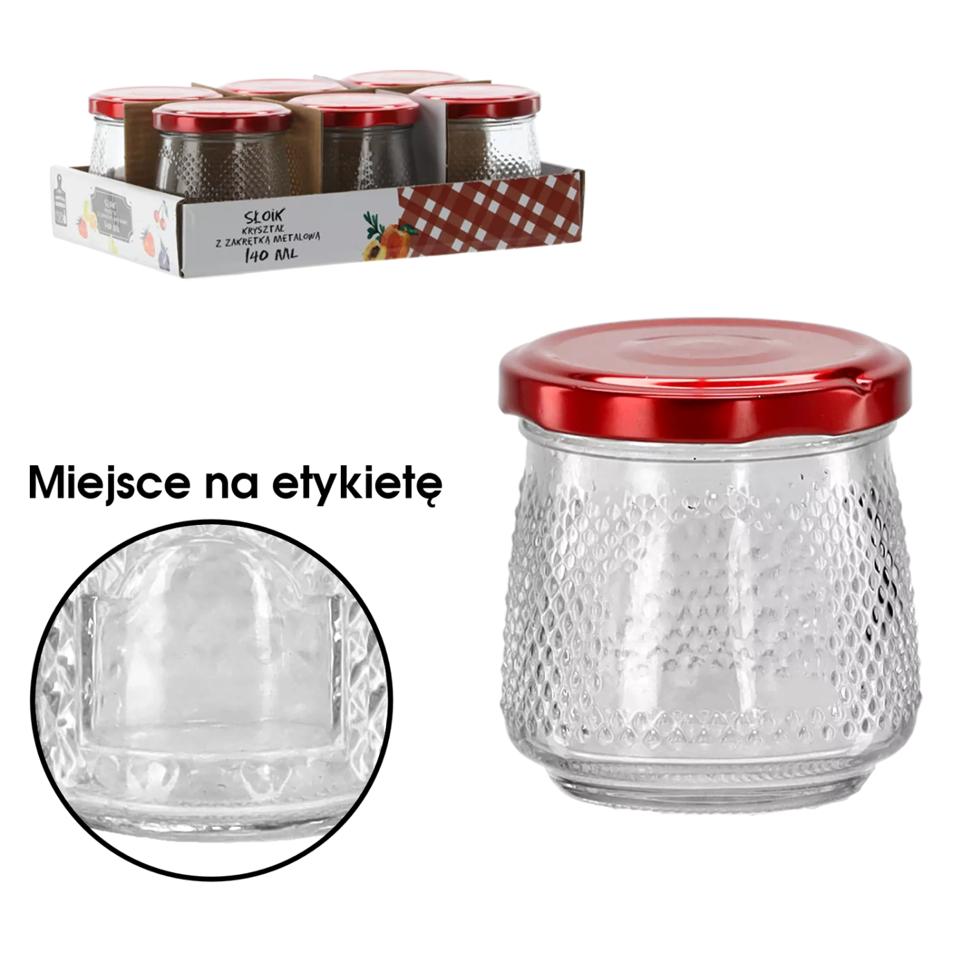 Zavařovací sklenice 140 ml s červenou kovovou záklopkou, krystal, 6 ks