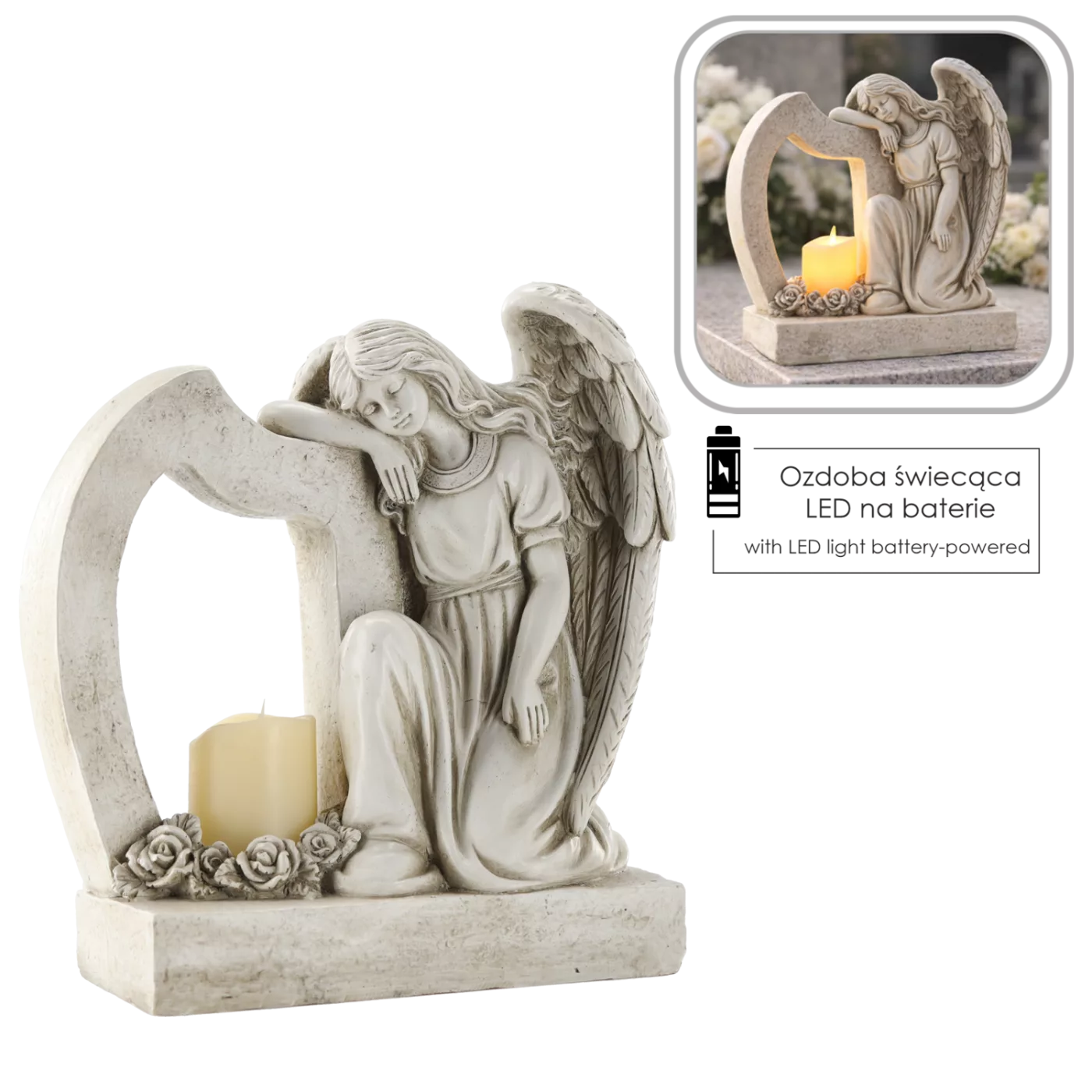 Figurka anděla s harfou a LED svíčkou 24,5 x 12,5 x 26,5 cm