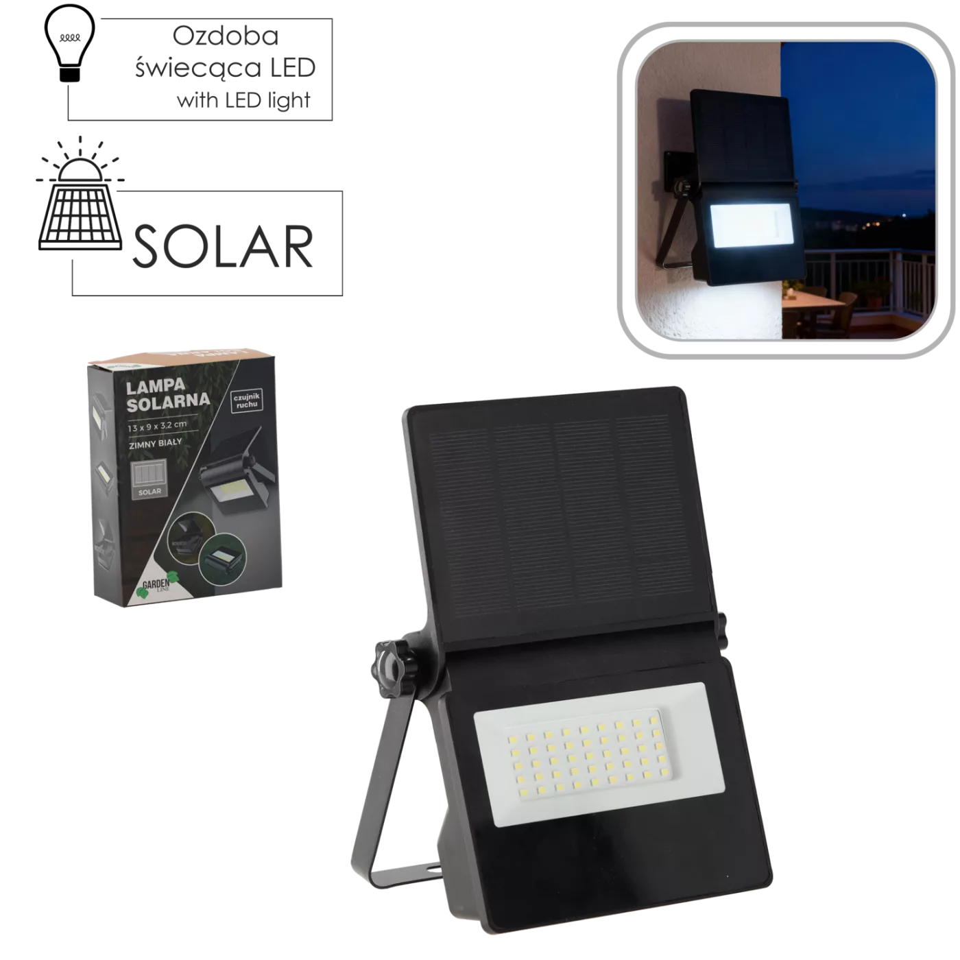 Solární LED lampa s čidlem pohybu 13 × 9 × 3,2 cm