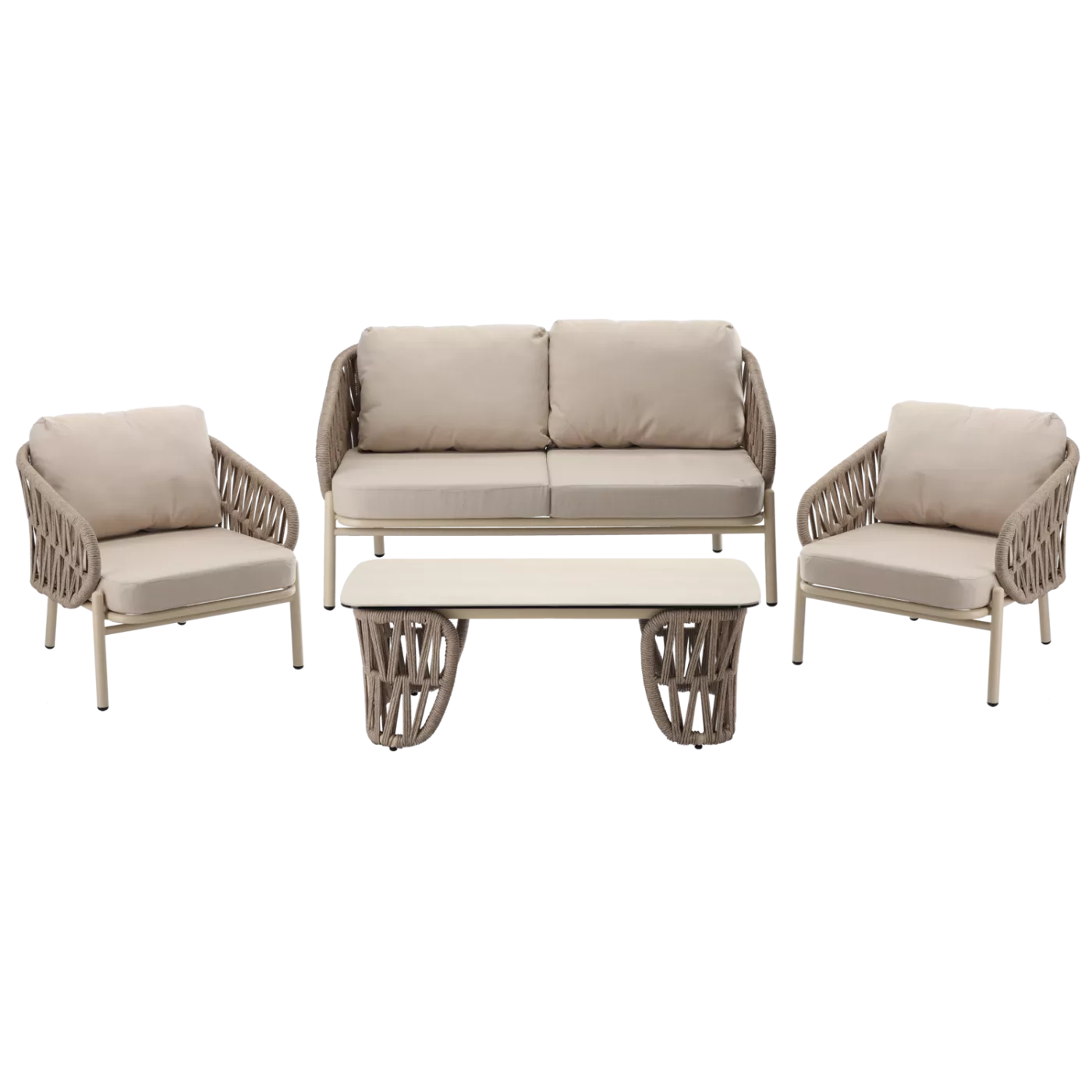 Sada zahradního nábytku z hliníku - sofa, 2 křesla, stolek, béžové se smetanovými polštáři
