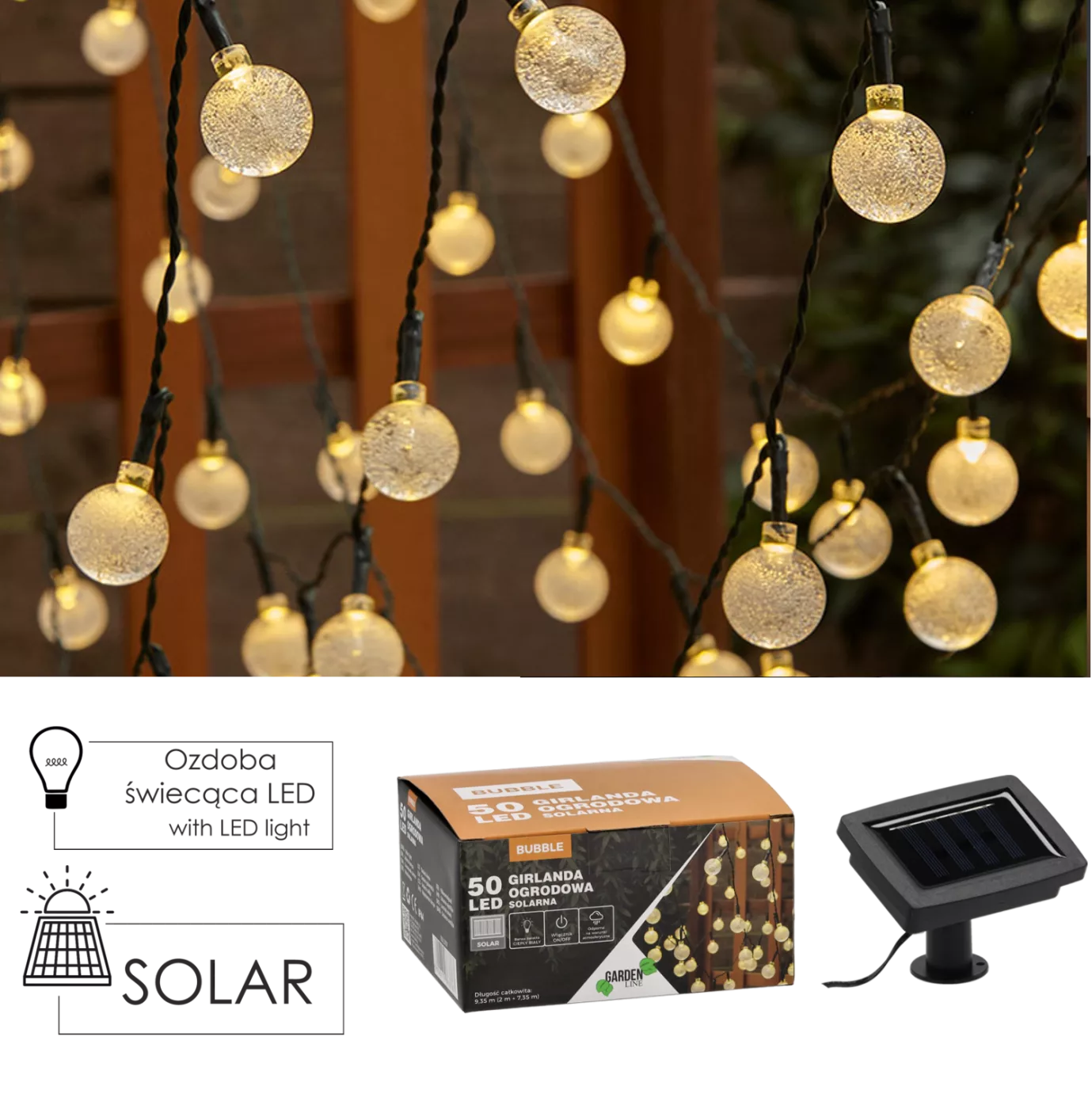 Solární girlanda zahradní 9,35 m Bubble 50 LED teplá bílá