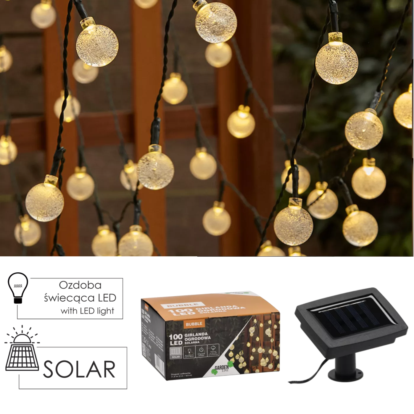 Solární zahradní girlanda Bubble 11,9 m, 100 LED, teplá bílá