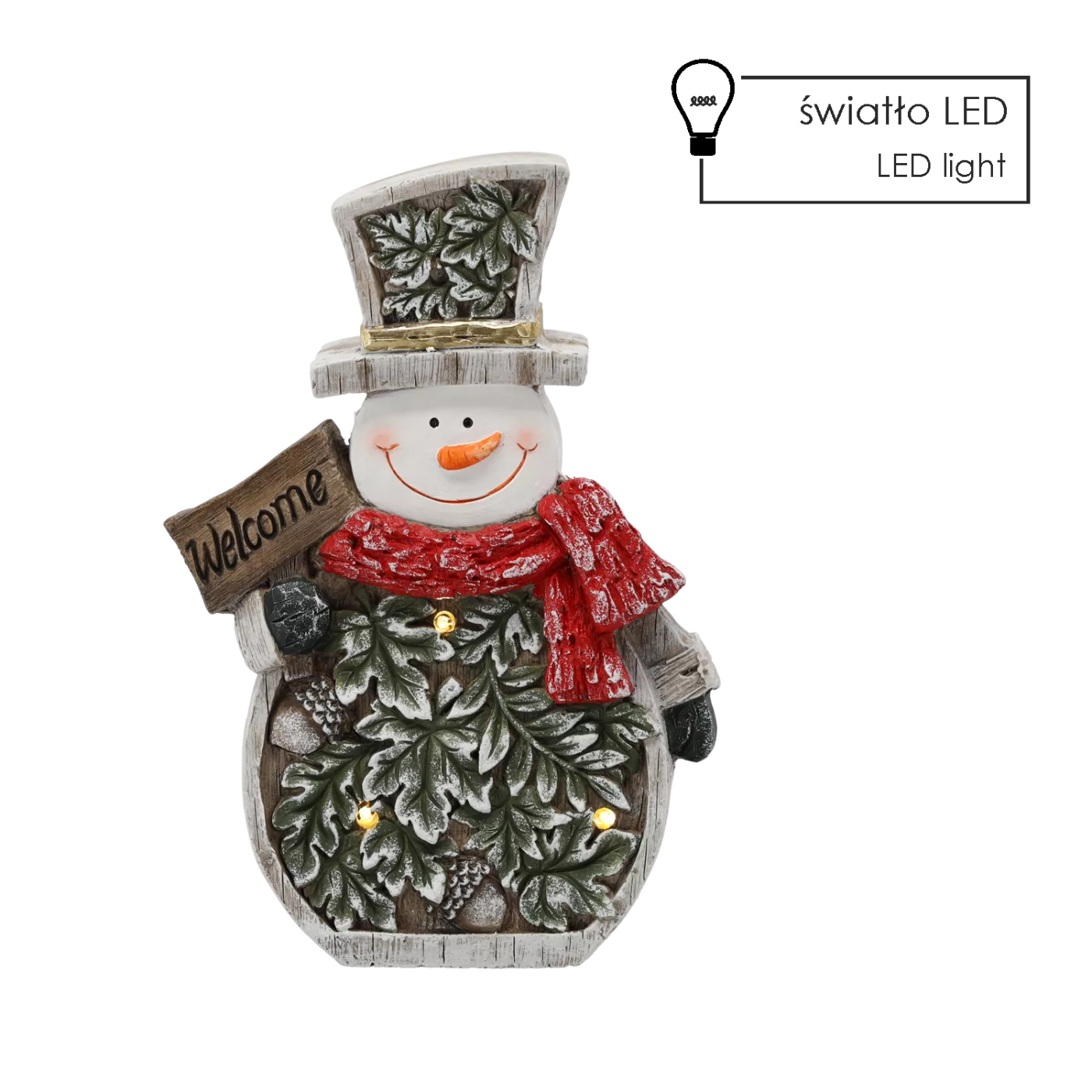 Vánoční figurka sněhulák s listy a LED 25,5 x 9,5 x 37,5 cm