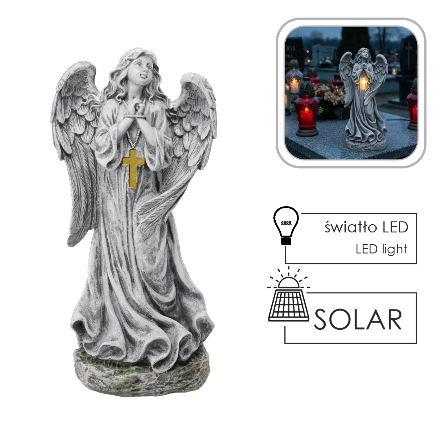 Figurka anděla s křížkem LED 24 x 17,5 x 50,5 cm