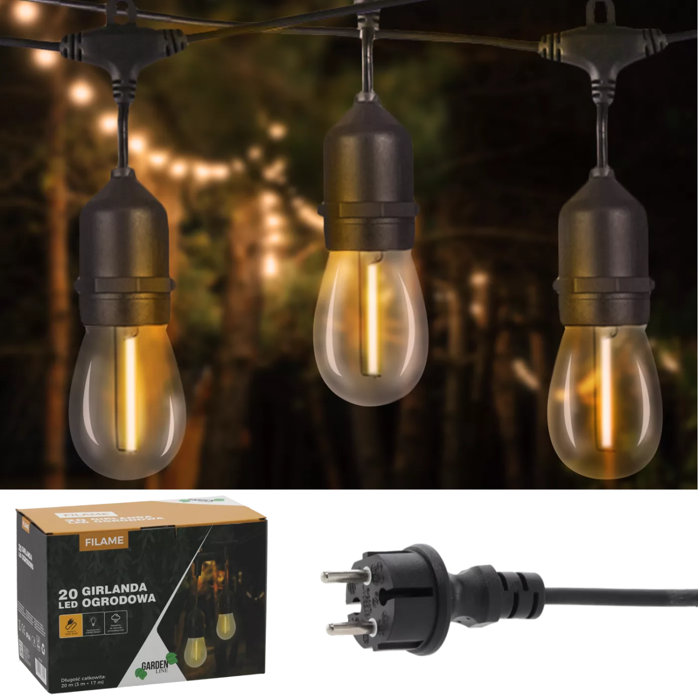 Zahradní girlanda 230 V, délka 3 + 17 m, 20 LED teplá bílá s úchyty