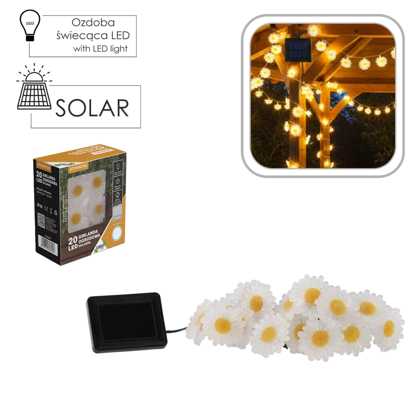 Solární girlanda zahradní 2 + 3,8 m s květinami 20 LED teplá bílá