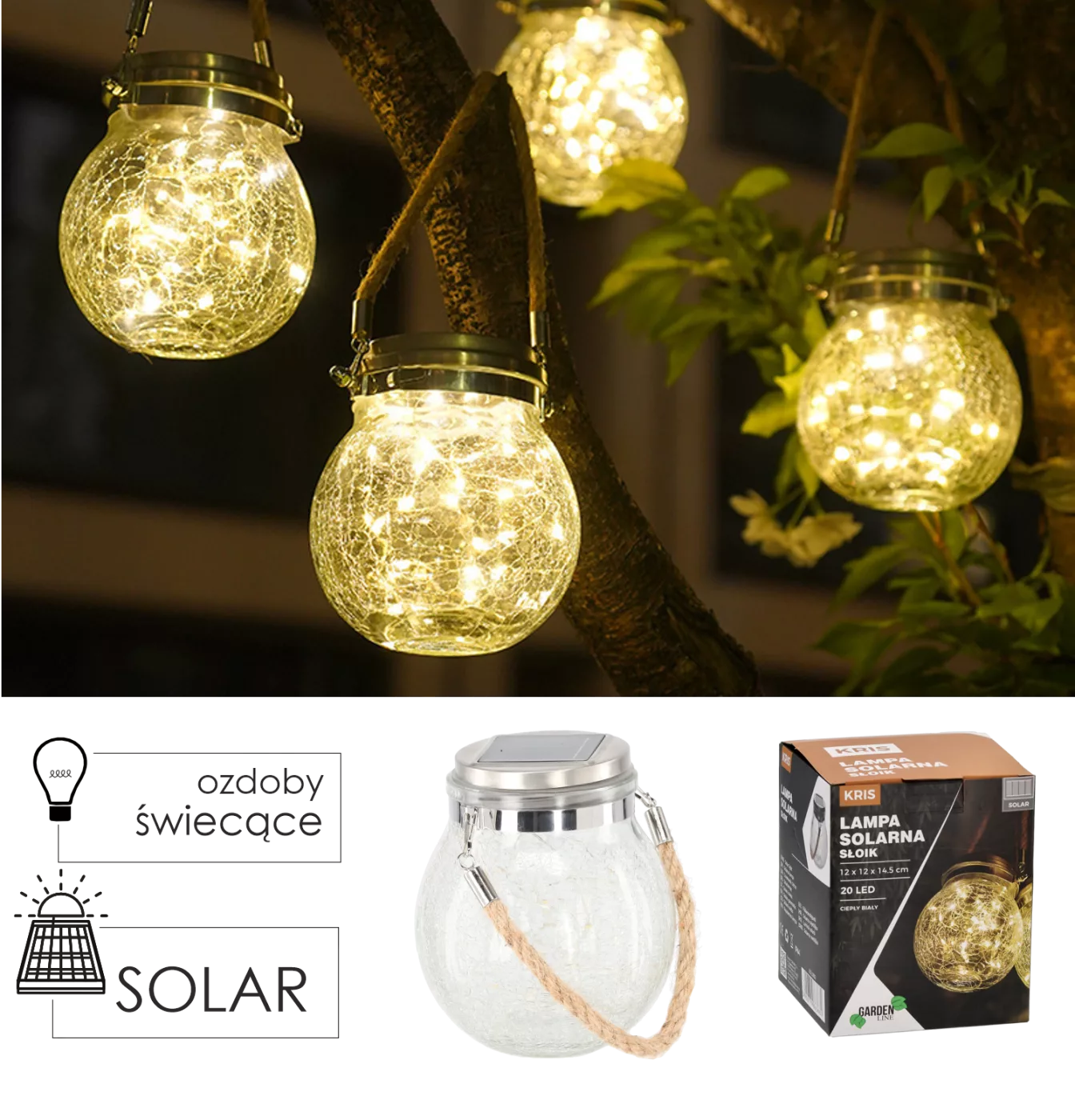 SOLÁRNÍ LAMPA - SKLENICE 12 x 12 x 14,5 CM KRIS 20 LED TEPLÁ BÍLÁ