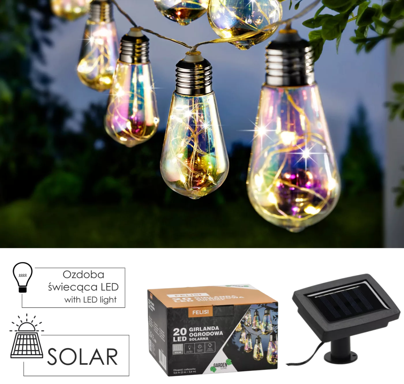 Solární girlanda zahradní Felisi 5,8 m 20 LED opalová studená bílá
