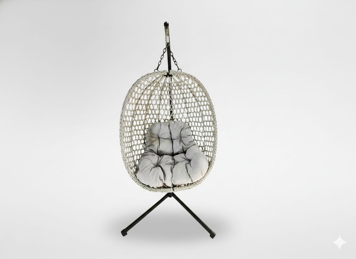Závěsné křeslo skládací DRIM s šedým polštářem a černou ocelovou konstrukcí 108 x 90 x 57 cm