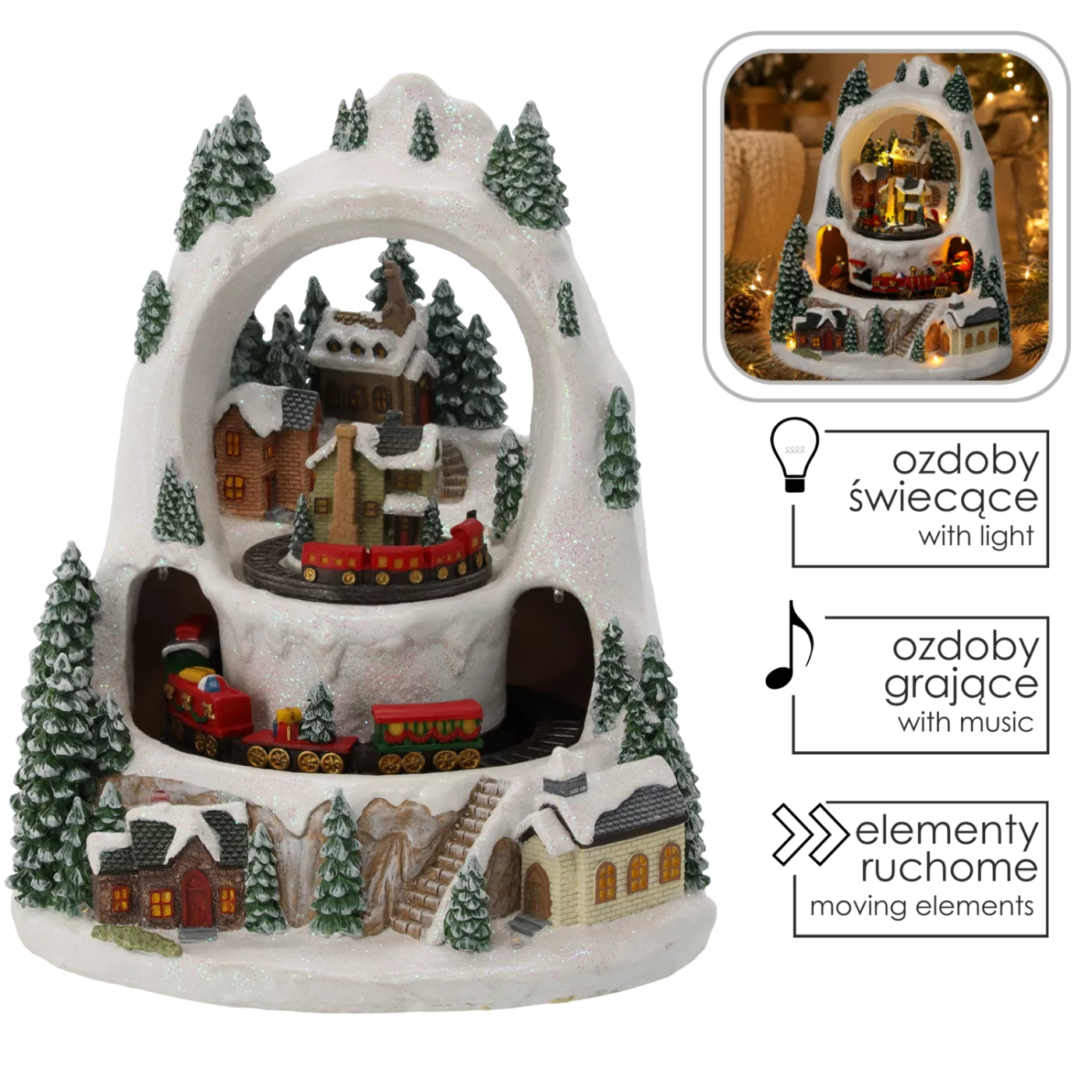 Hudební skříňka s LED osvětlením zimní vesnice s vlakem 23 x 23 x 25,5 cm