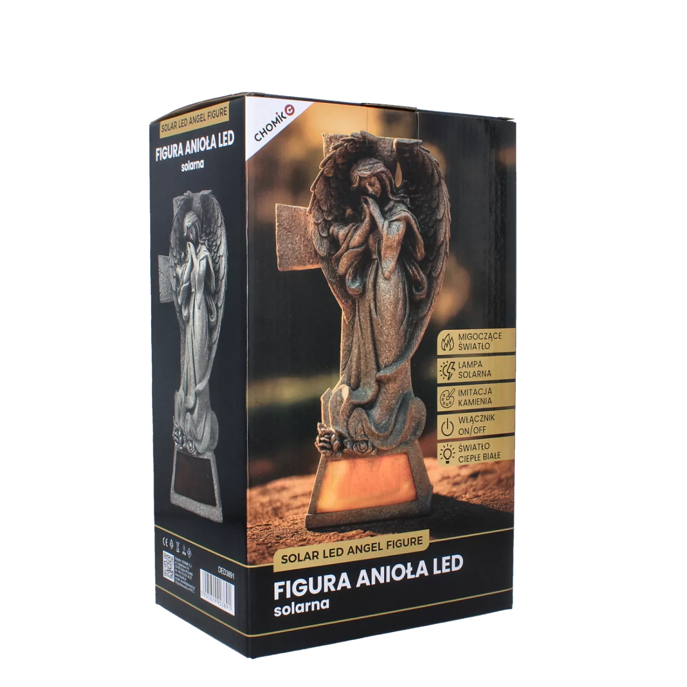 FIGURA ANDĚL STOJÍCÍ S KŘÍŽEM LED 13,5 x 8,5 x 25,5 CM S VÁZOU NA KVĚTINY *3891