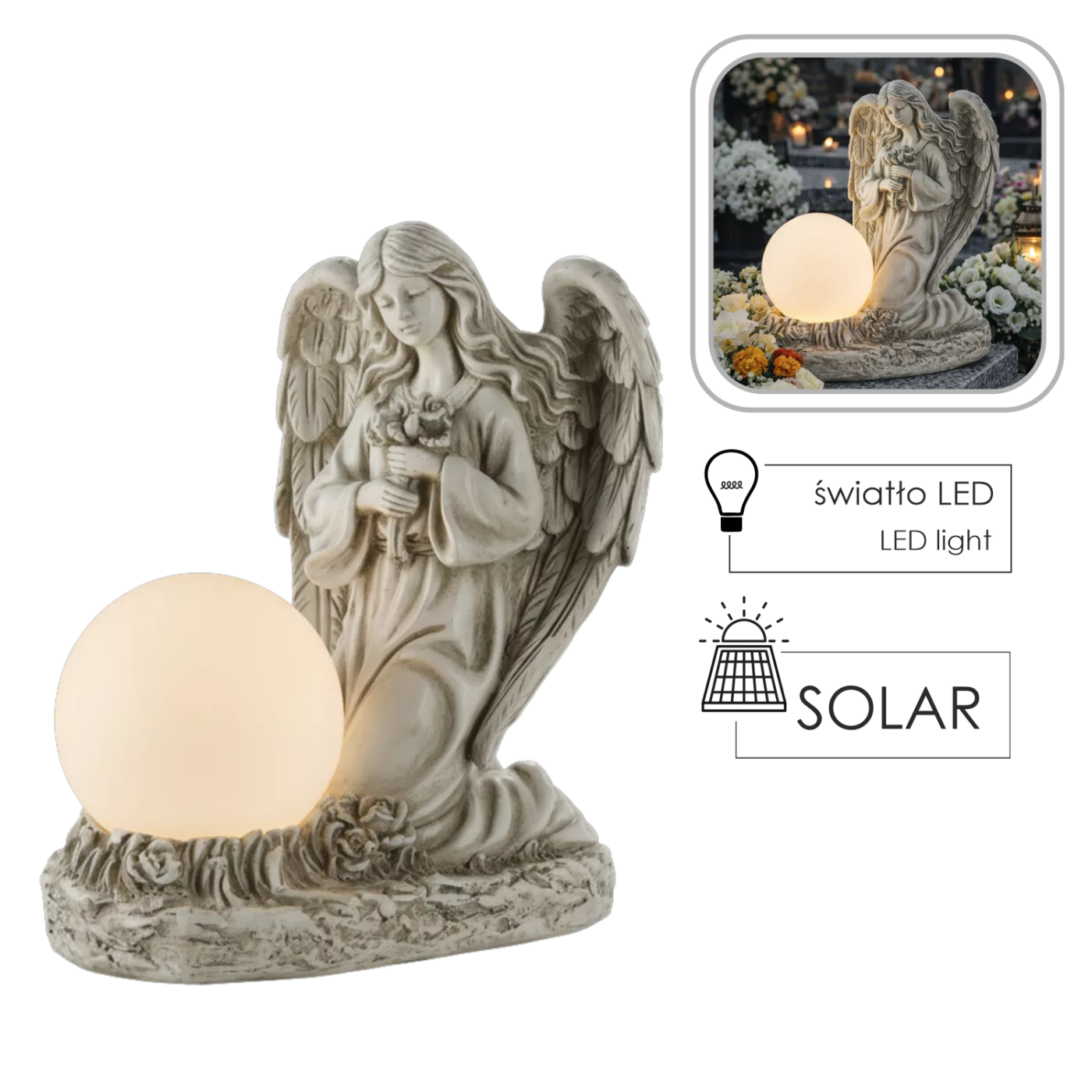Figúrka anjela s LED guľôčkou 15 x 21,5 x 25 cm