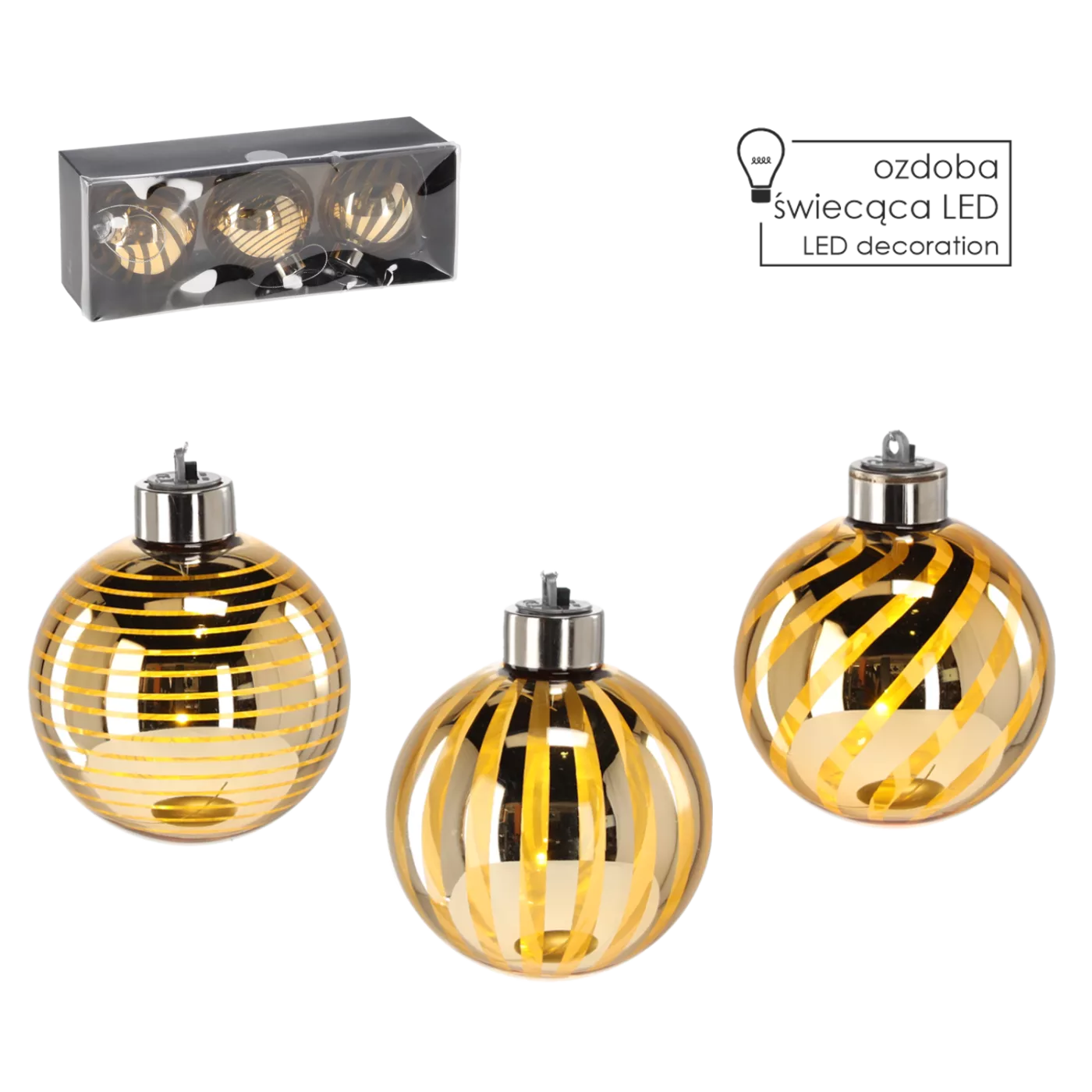 Sada 3 skleněných vánočních ozdob zlaté 8 cm s LED