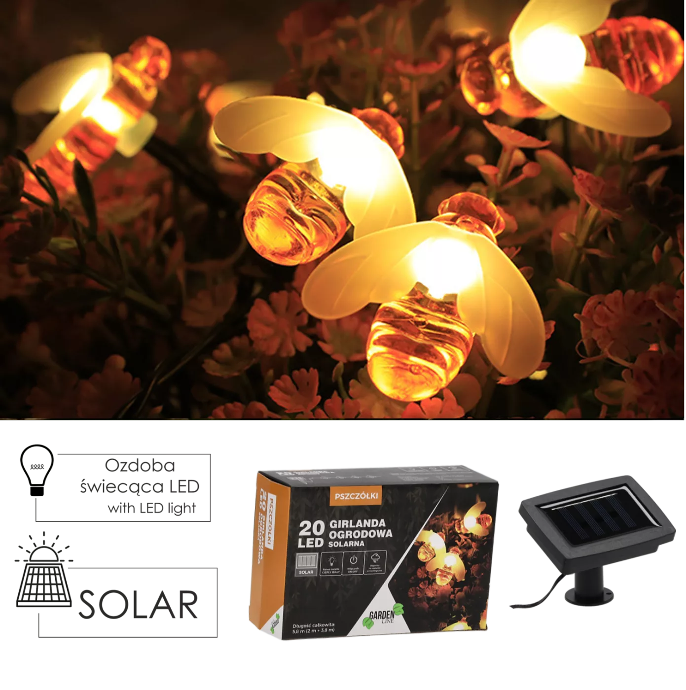 Solární girlanda zahradní délka 2 + 3,8 m včelky 20 LED teplá bílá