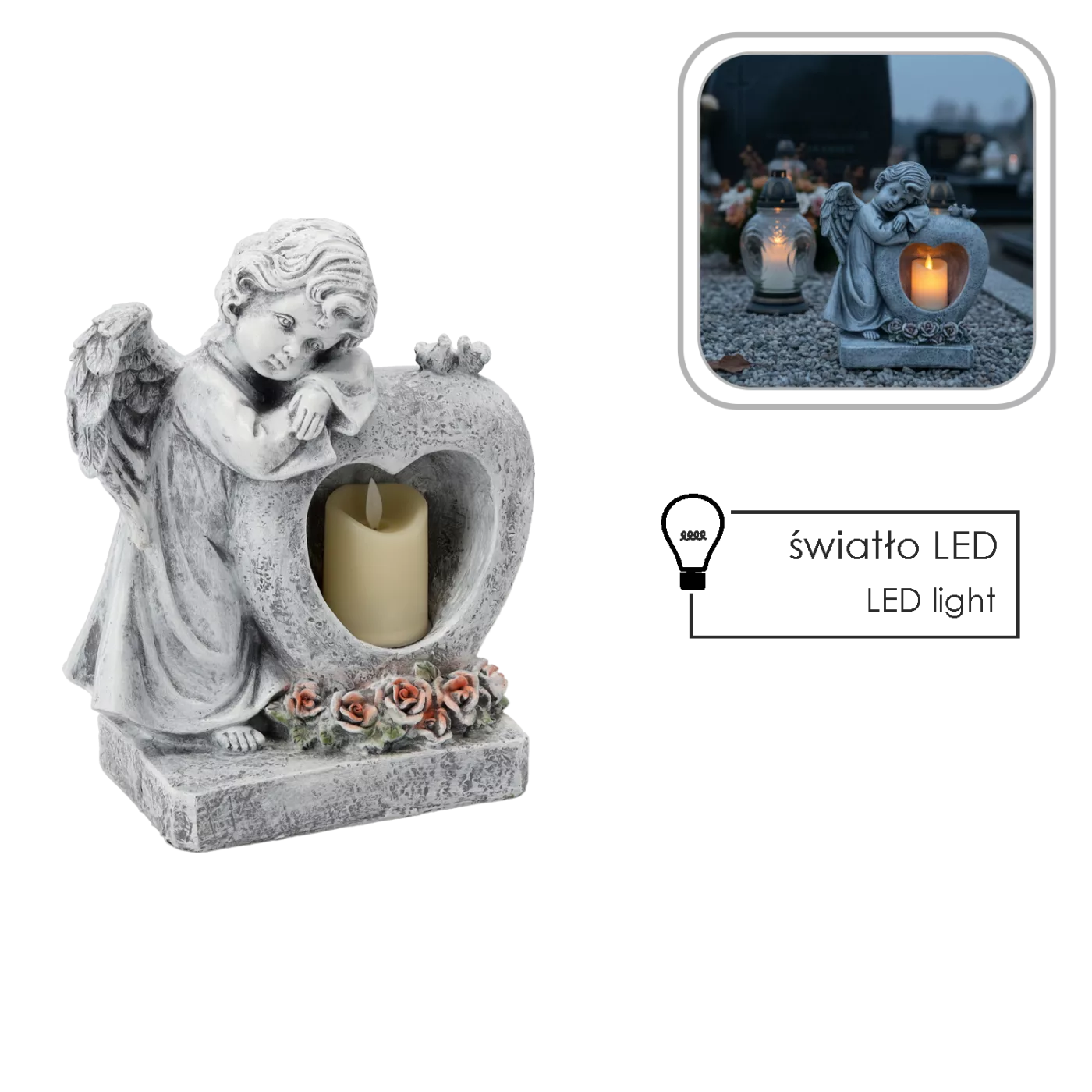 Figurka anděla se srdcem a LED svíčkou 23,5 x 13,5 x 28,5 cm