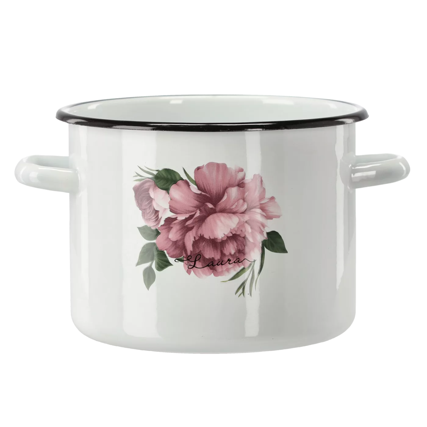 Smaltovaný hrnec 4,5 l, bílý se vzorem pivoní Laura, 20 cm