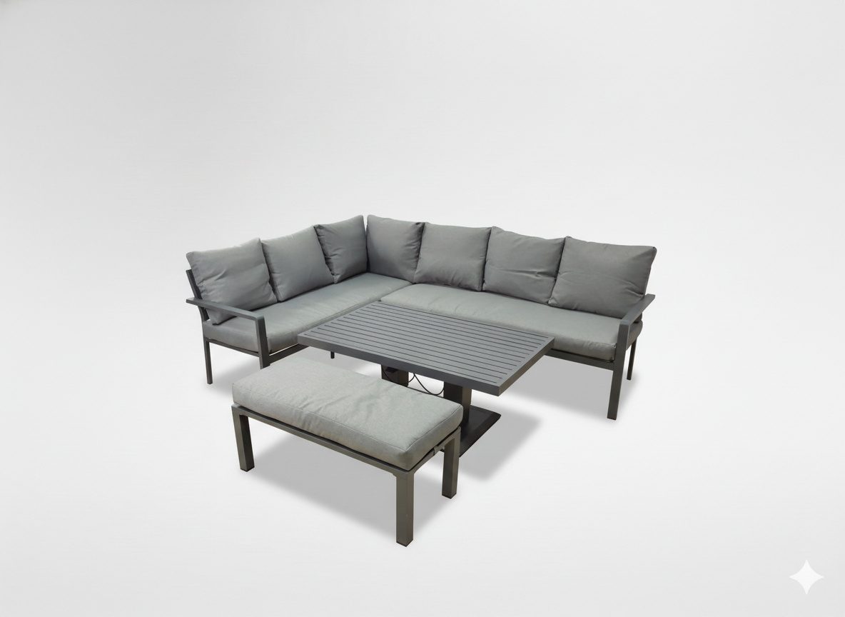 Sada zahradního nábytku aluminiového rohová pohovka pufa stolek šedá 120 x 75 cm