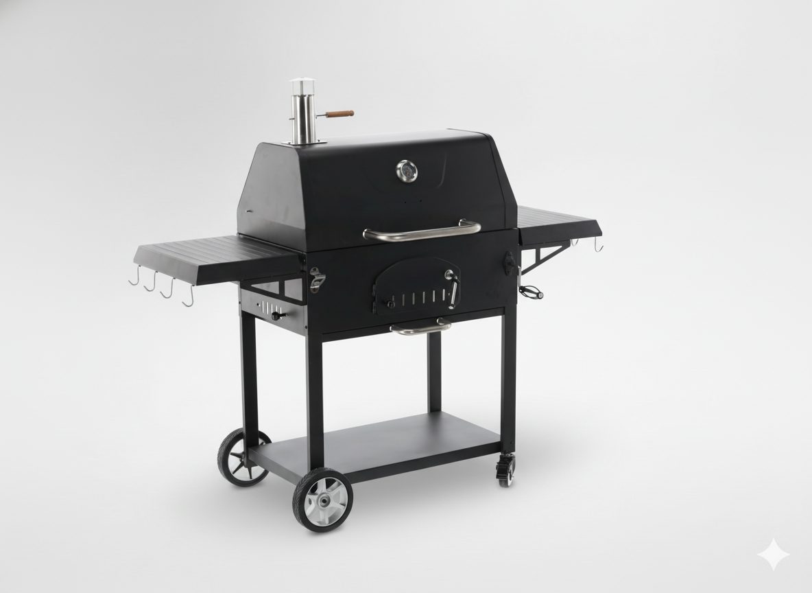 Grill uhlový Vulcano s poklopem, litinovou roštem a kolečky 153 x 65 x 137 cm