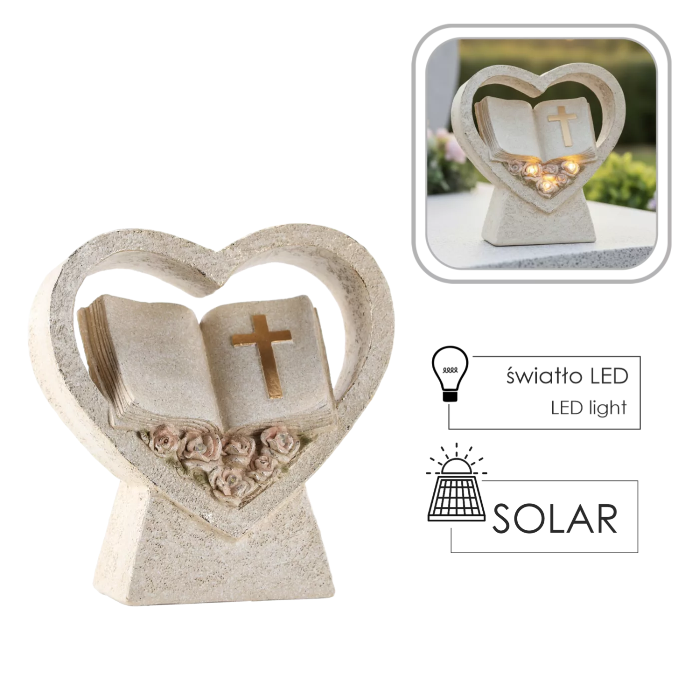 Dekoračná figúrka srdce s knihou a LED svetlom 19,5 x 10 x 20 cm