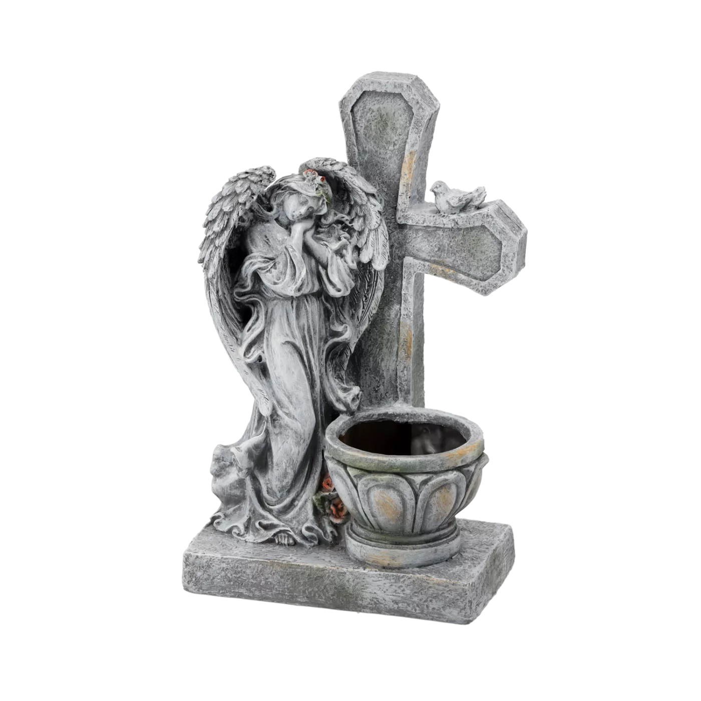 Figurka stojaceho anjela s krížom a kvetináčom 21,5 x 14 x 35,5 cm