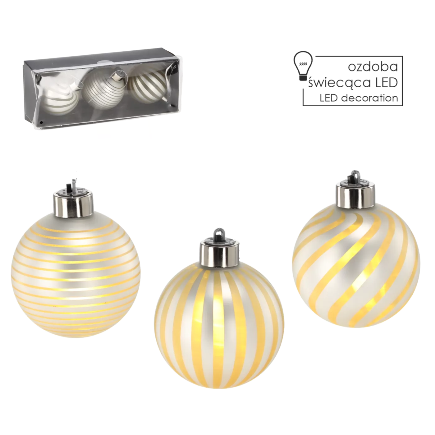 Sada 3 skleněných vánočních ozdob stříbrných 8 cm s LED